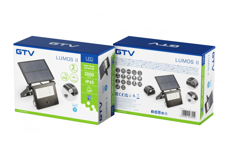 Luz de inundação solar LUMOS II, LED, 2000lm, 6400K, 2600mAh substituível, IP65, preto