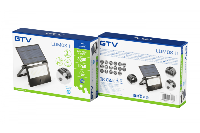 Luz de inundação solar LUMOS II, LED, 3000lm, 6400K, 2x2600mAh substituível, IP65, preto