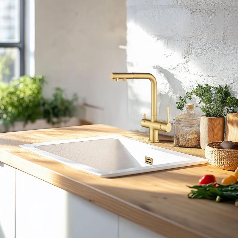 Ausmann Ellington 3-Vias Misturador de Cozinha com Bica Retrátil e Água Filtrada – Ouro – 1208970498