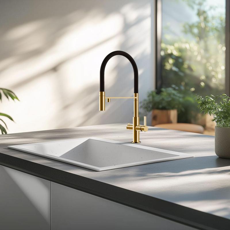 Ausmann Claridge Torneira de Cozinha de 3 Vias com Bica Flexível e Água Filtrada – Ouro - 1208970504