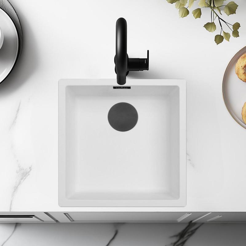 Pia Branca 40x40 cm para Instalação Inferior, Superior e Nivelada com Tampão Preto Fosco 1208970535