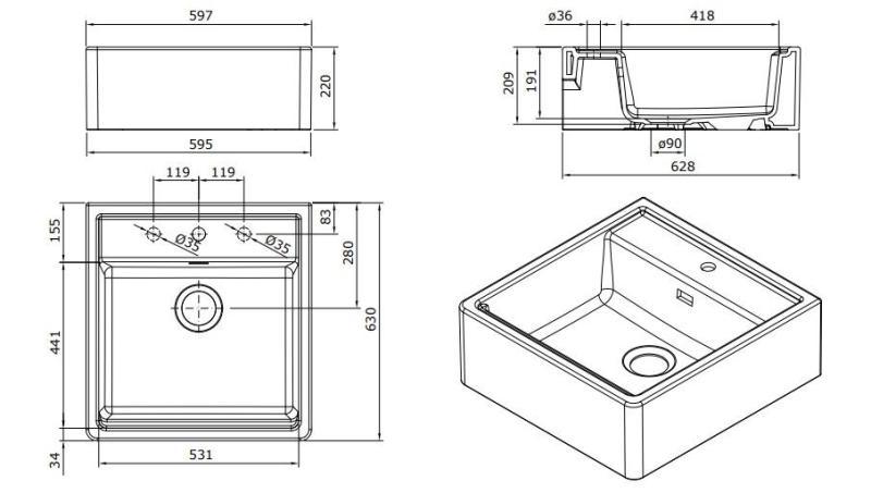 Ausmann Ceramic Panor Shade Pia de cerâmica branca Butler - Submontagem e montagem intermédia 630 x 597 mm com bancada com orifício para torneira e tampão Gun metal 1208970551