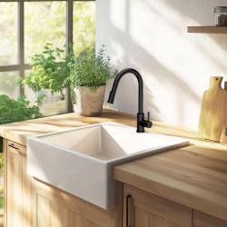 Ausmann Ceramic Panor Shade Pia de Mordomo Cerâmica Branca - Montagem Inferior e Semi-embutida 630 x 597 mm com bancada para torneira e plugue de aço inoxidável 1208970560