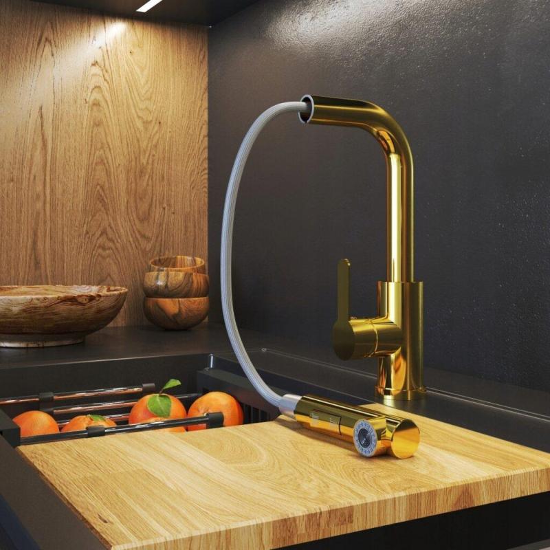 Mistland Celeste Torneira de Cozinha Dourada com Bica Extensível e Chuveiro de Mão com Dupla Função 1208970664