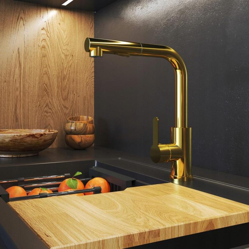 Mistland Celeste Torneira de Cozinha Dourada com Bica Extensível e Chuveiro de Mão com Dupla Função 1208970664