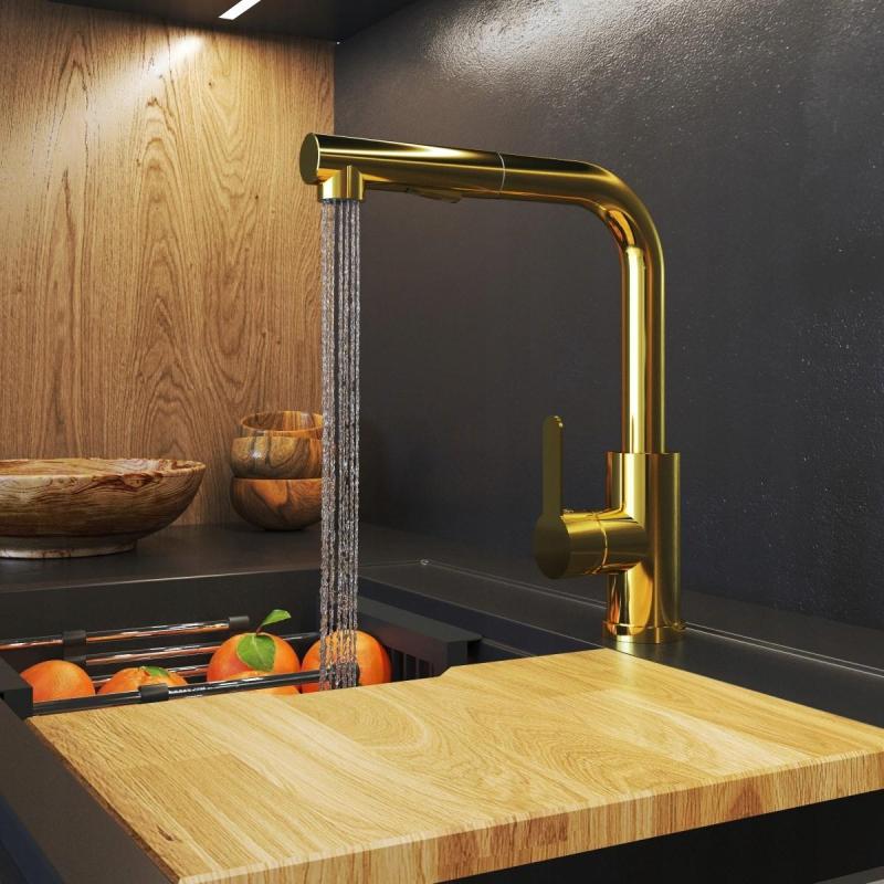 Mistland Celeste Torneira de Cozinha Dourada com Bica Extensível e Chuveiro de Mão com Dupla Função 1208970664