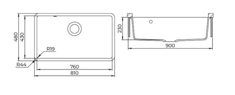 AquaGranite Módulo R19 grande pia de granito preta 76x43 cm para instalação inferior e superior com tampa de aço inoxidável 1208970688
