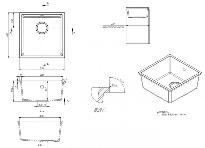 GraniteMy Universal Granito Cinza Escuro, Pia 40x40 cm Montagem Superior, Inferior e de Embutir com Plug de Aço Inoxidável 1208970742
