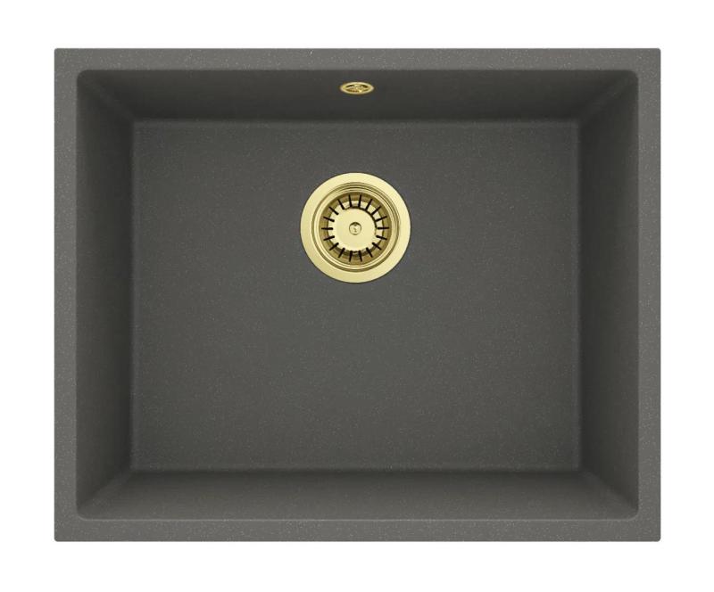 GraniteMy Universal Granito Cinza Escuro, Pia 50x40 cm Montagem Superior, Inferior e Embutida com Plugue Dourado 1208970756