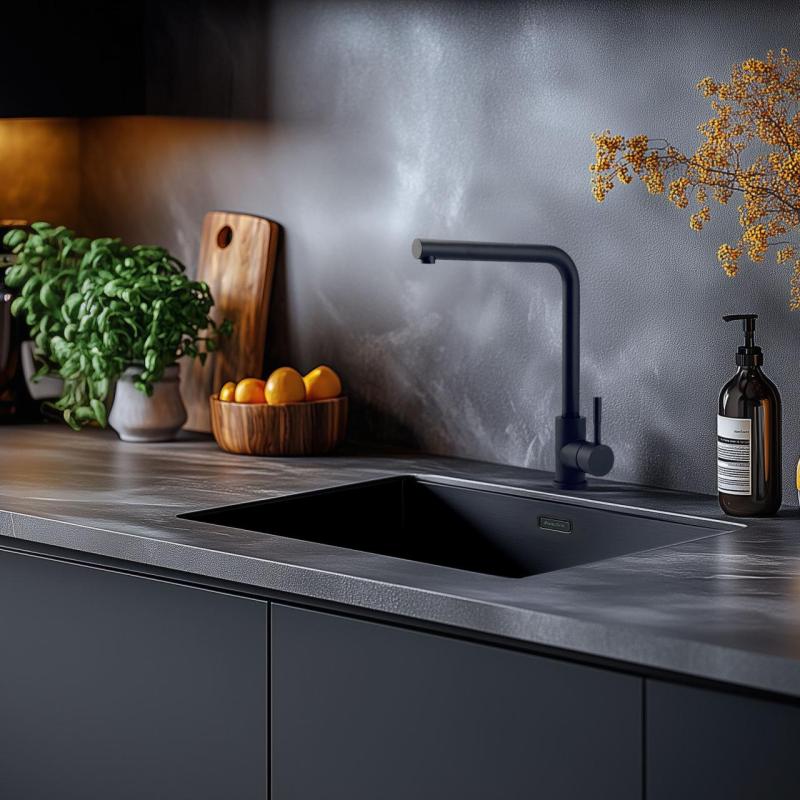 Conjunto de Pia Preto 50x40cm com Torneira de Cozinha Preta 1208970765