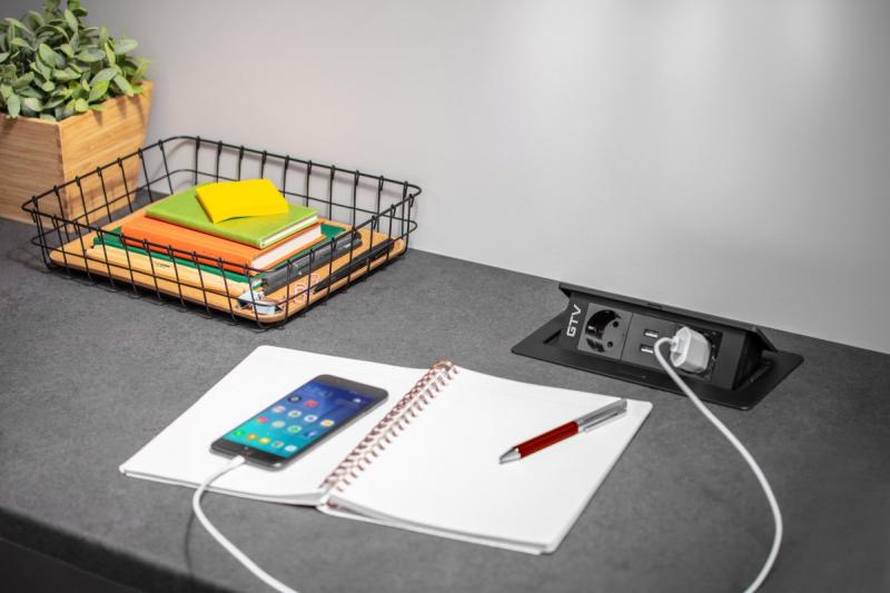 Cabo de extensão para secretária SOFT 2x tomada Schuko, USB 2.1A, cabo de alimentação com ficha, preto