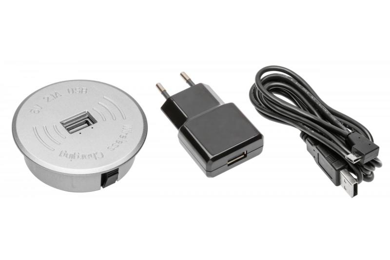 Conjunto de carregador sem fios com USB prateado com adaptador de alimentação (cabo USB destacável de 2 m)