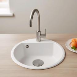 GraniteMy Bremen pia redonda de granito 43 cm branca de sobrepor e embutir com furo para torneira e plug de metal cinza 1208971220