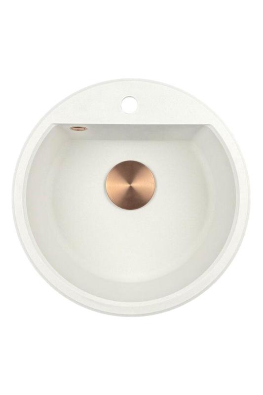 GraniteMy Bremen pia redonda de granito de 43 cm branca de montagem superior e inferior com furo para torneira e plugue de cobre 1208971222