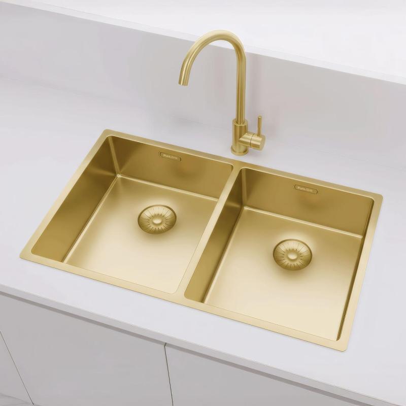 Pure.Sink Prestige Pia Dupla Dourada 70x40 cm raio de 10mm para embutir, montagem plana e montagem superior PPG343440-60