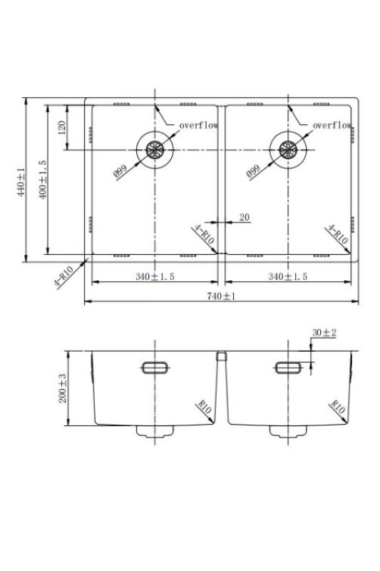 Pure.Sink Prestige Pia Dupla Dourada 70x40 cm raio de 10mm para embutir, montagem plana e montagem superior PPG343440-60