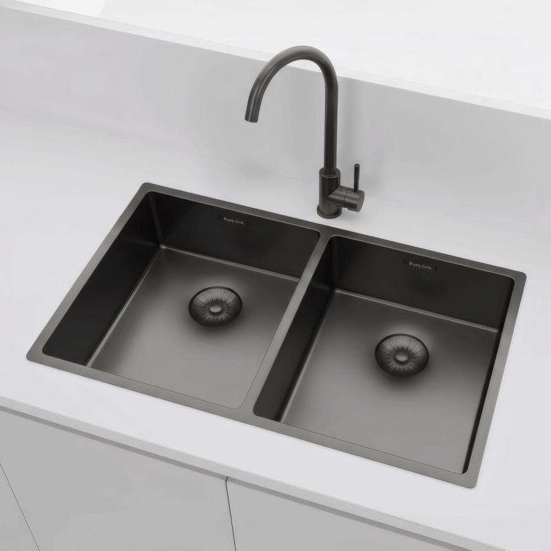 Pure.Sink Prestige Pia Dupla Gun metal 70x40 cm raio de 10mm de embutir, embutir e sobrepor PPG343440-61