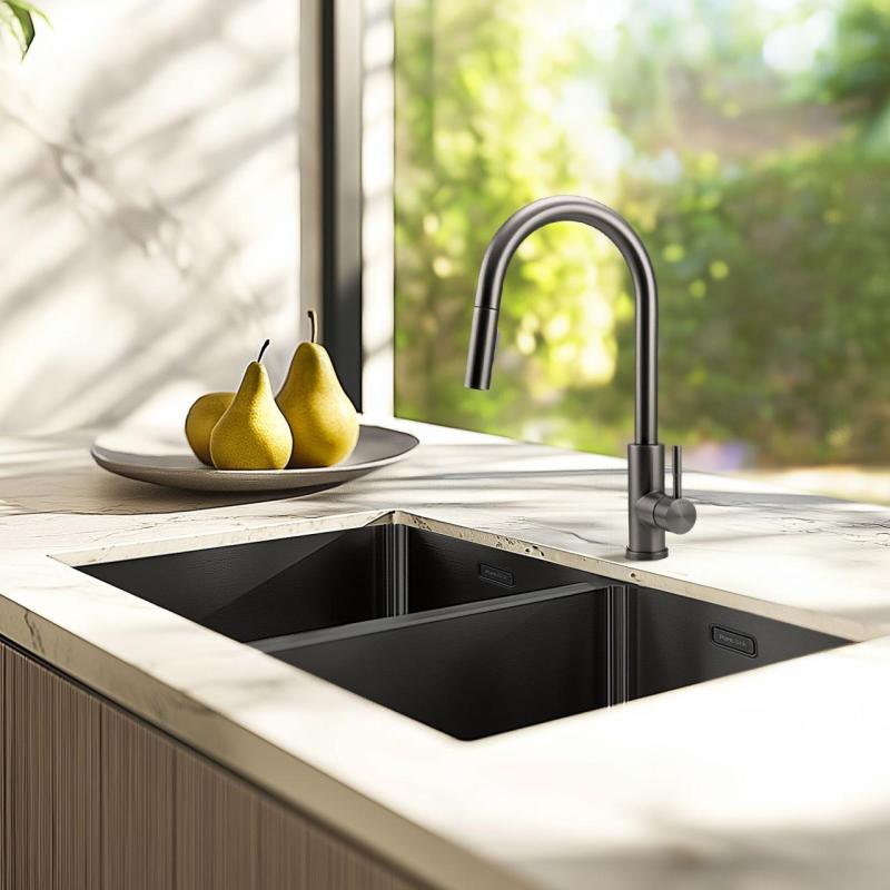 Pure.Sink Prestige Pia Dupla Gun metal 70x40 cm raio de 10mm de embutir, embutir e sobrepor PPG343440-61