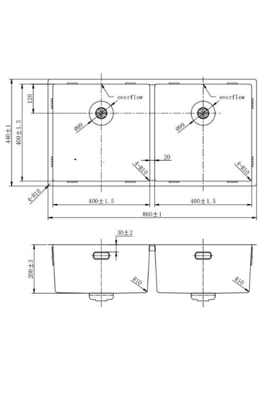 Pure.Sink Prestige Pia Dupla Dourada 82x40 cm raio de 10mm embutido, embutido e sobreposto PPG404040-60