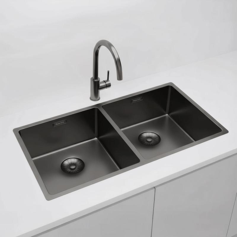 Pure.Sink Prestige Pia dupla de metal de arma 82x40 cm raio de 10mm para embutir, montagem nivelada e montagem sobreposta PPG404040-61