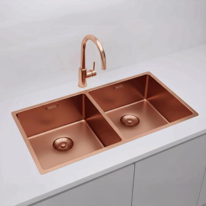 Pure.Sink Prestige Pia Dupla de Cobre 82x40 cm raio de 10mm para embutir, instalar ao nível da bancada e sobrepor PPG404040-62