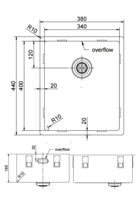 Pure.Sink Exclusivo pia RVS 34x40 cm raio de 10mm para embutir, instalação plana e sobreposta PEX3440-02
