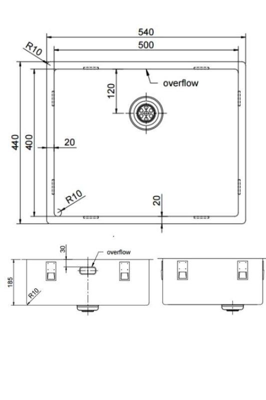 Pure.Sink Exclusivo Pia RVS 50x40 cm 10mm raio de submontagem, montagem plana e sobreposição PEX5040-02