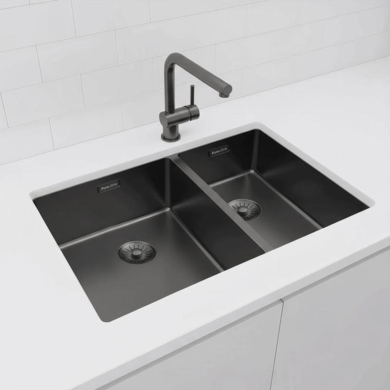 Pure.Sink Exclusivo Gun Metal 1,5 pia dupla de 34+18 cm com raio de 10mm PEX341840-61