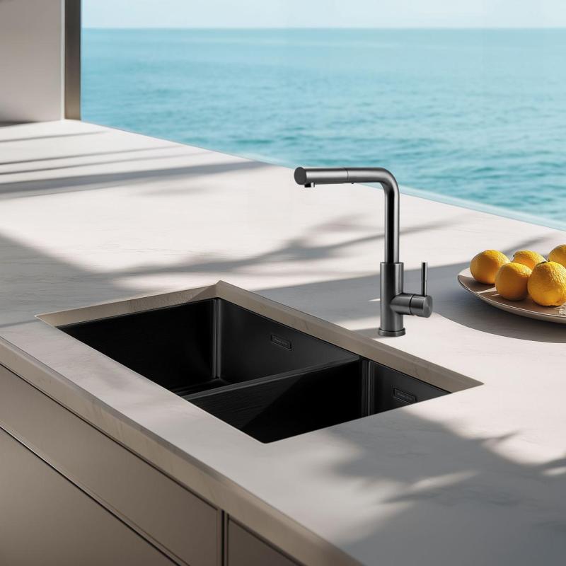 Pure.Sink Exclusivo Gun Metal 1,5 pia dupla de 34+18 cm com raio de 10mm PEX341840-61