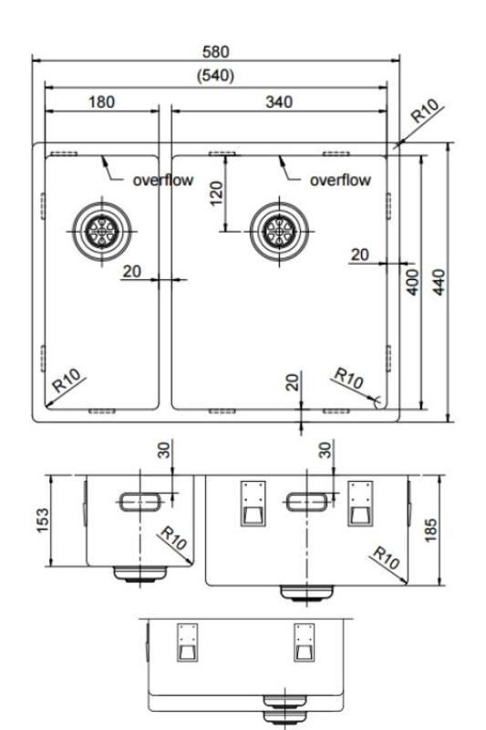 Pure.Sink Exclusivo Cobre 1,5 pia dupla de 18+34cm com raio de 10mm PEX183440-62