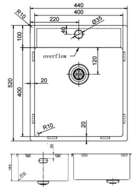 Pure.Sink Exclusivo Cobre pia 44x52 cm Tapwing com furo para torneira raio de 10mm PEX4040T-62