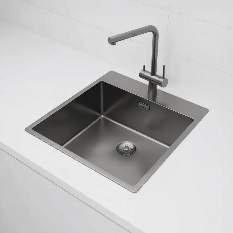Pure.Sink Exclusivo Gun Metal pia 49x52 cm Tapwing com furo para torneira raio 10mm PEX4540T-61