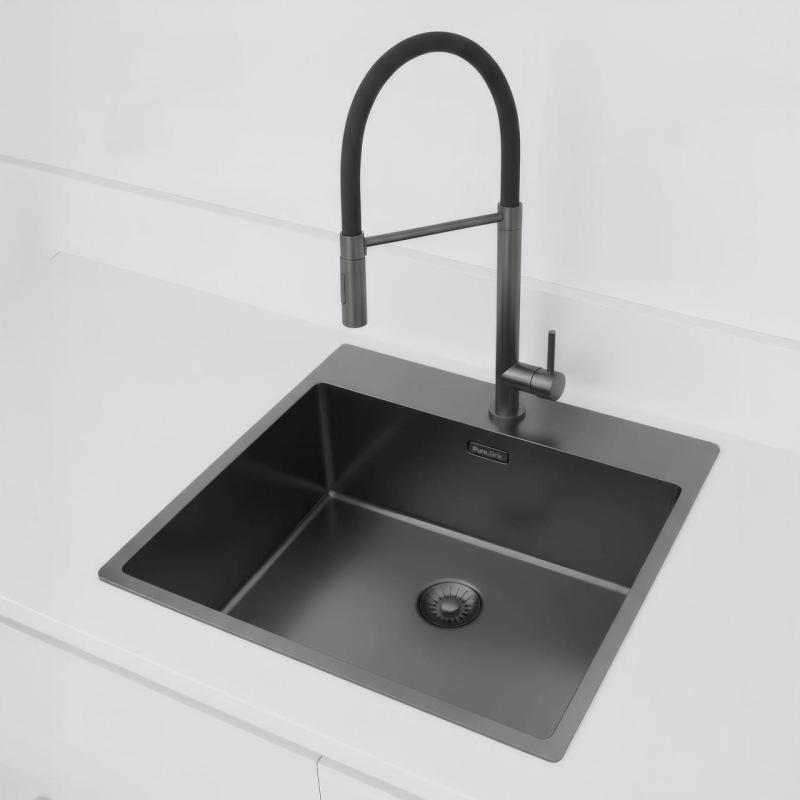 Pure.Sink Exclusivo Gun Metal pia 54x52 cm Tapwing com furo para torneira raio 10mm PEX5040T-61