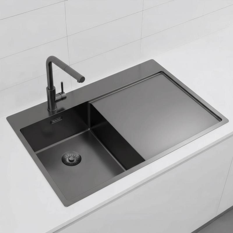 Pure.Sink Exclusivo Gun Metal pequena pia com área de escorrimento 78x52 cm Tapwing à esquerda PEX3478LT-61