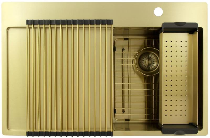 Pure.Sink Exclusivo Pia pequena dourada com escorredor 78x52 cm Torneira Tapwing direita PEX3478RT-60