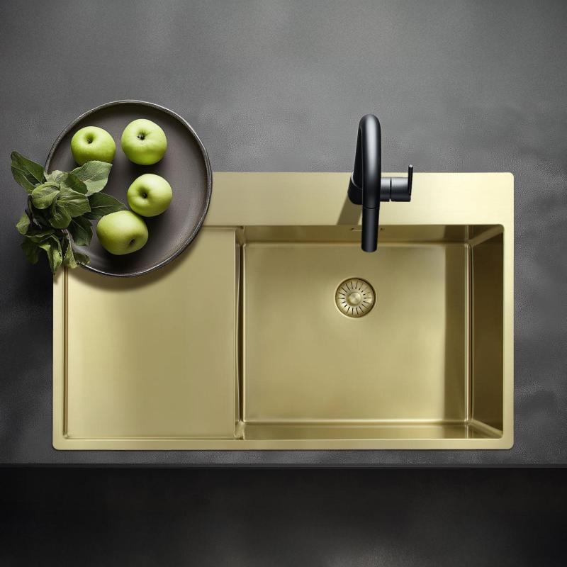 Pure.Sink Exclusivo Pia dourada com escorredor 86x52 cm Torneira Tapwing esquerda PEX5086LT-60