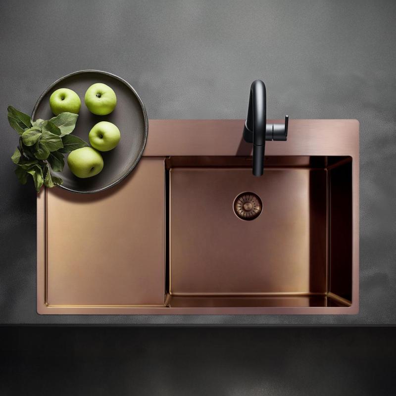 Pure.Sink Exclusivo Bacia de cobre com área de escorrimento 86x52 cm Tapwing à direita PEX5086RT-62