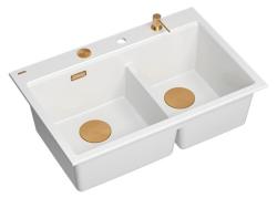 Quadri Hard Rock Dupla Pia de Granito Branco 76 x 50 cm com Plugue de Cobre e Acessórios 1208971357