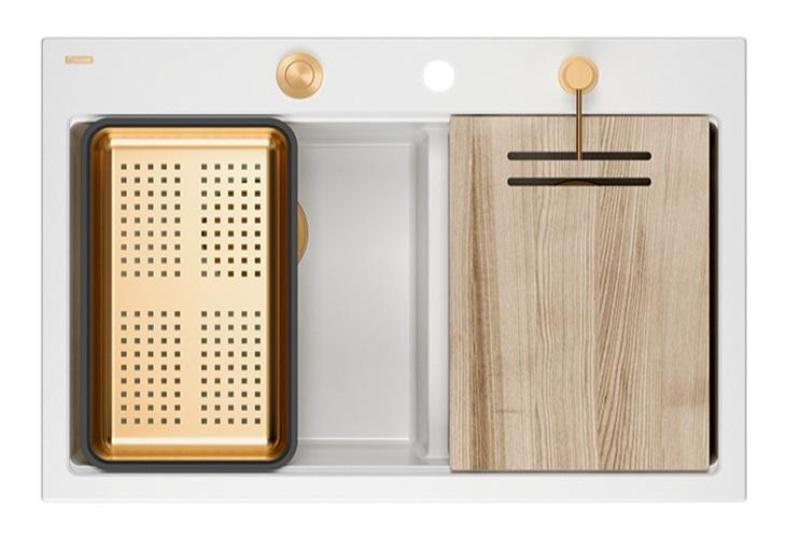 Quadri Hard Rock Dupla Pia de Granito Branco 76 x 50 cm com Plugue de Cobre e Acessórios 1208971357