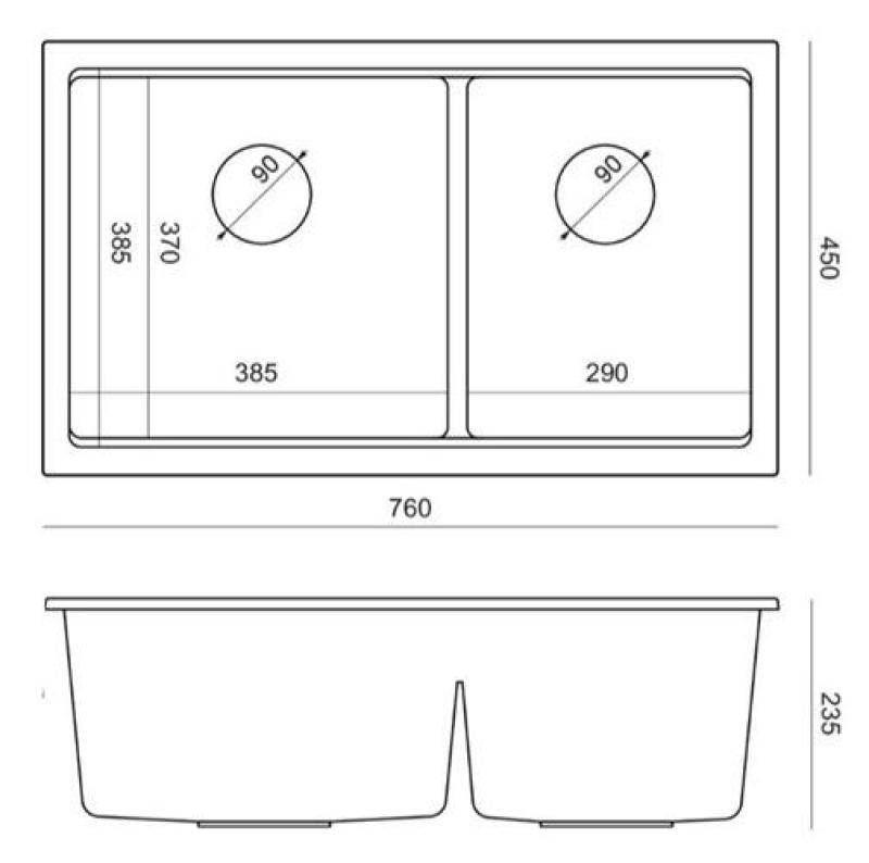 Quadri Newport II Pia de Embutir Dupla em Granito Cinza 702 x 390 mm com Plugue de Cobre 1208971375