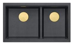 Quadri Newport II Pia Dupla de Granito Antracite Embutida 702 x 390 mm com Plug Dourado 1208971379