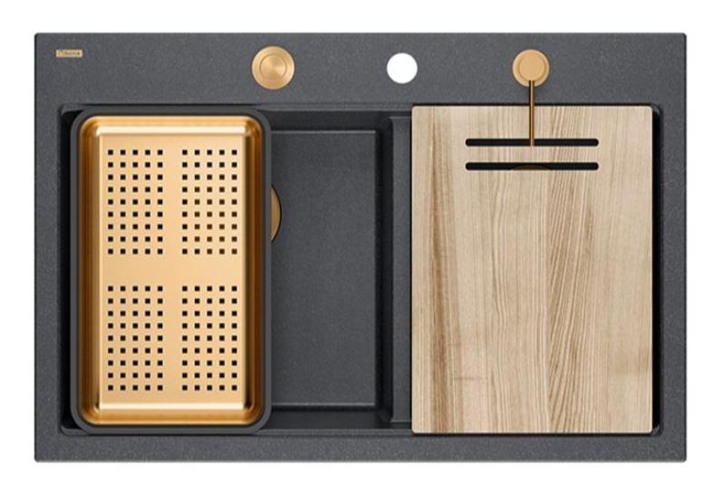 Quadri Hard Rock Pia Dupla Antracite Granito 76x50 cm com Plug de Cobre e acessórios 1208971388