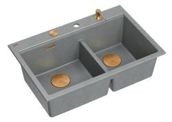 Quadri Hard Rock Dupla Pia de Granito Cinza 76x50 cm com Plug de Cobre e Acessórios 1208971389
