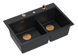 Quadri Hard Rock Dupla Pia de Granito Preto 76x50 cm com Tampa de Cobre e acessórios 1208971390