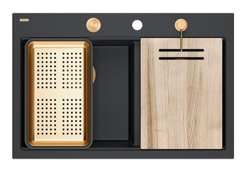 Quadri Hard Rock Dupla Pia de Granito Preto 76x50 cm com Tampa de Cobre e acessórios 1208971390