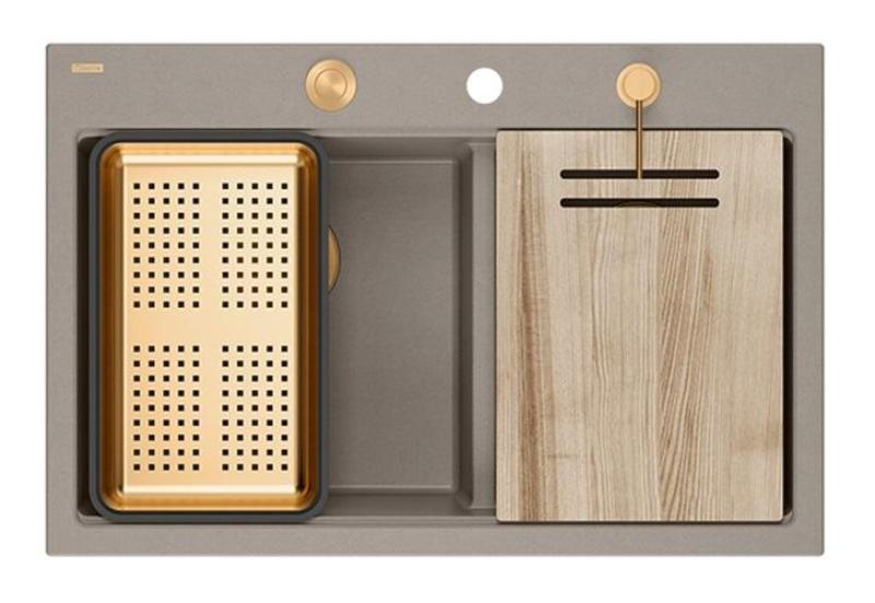 Quadri Hard Rock Dupla Pia de Granito Taupe de Montagem 76x50 cm com Plug de Cobre e Acessórios 1208971391