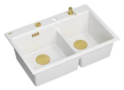 Quadri Hard Rock Dupla Pia de Granito Branco 76x50 cm com Plugue Dourado e acessórios 1208971392