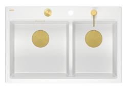Quadri Hard Rock Dupla Pia de Granito Branco 76x50 cm com Plugue Dourado e acessórios 1208971392