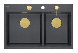 Pia Dupla Quadri Hard Rock em Granito Antracita de Montagem Superior 76x50 cm com Plugue Dourado e Acessórios 1208971393