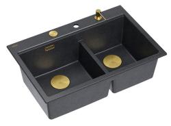 Pia Dupla Quadri Hard Rock em Granito Antracita de Montagem Superior 76x50 cm com Plugue Dourado e Acessórios 1208971393